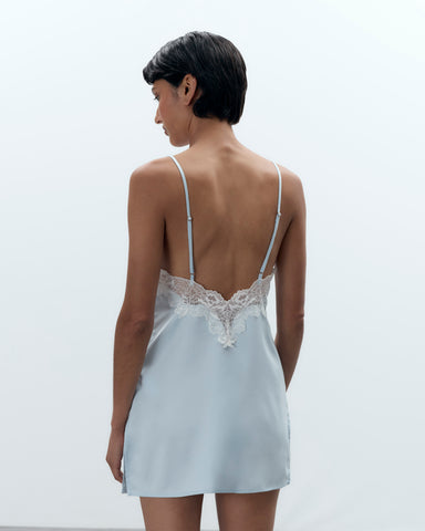Isabella Luxury Satin Short Chemise Ice Water Blue/White