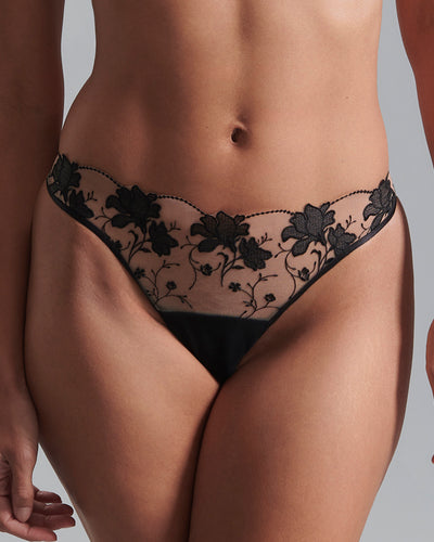 Yvette Embroidered Sheer Thong Black