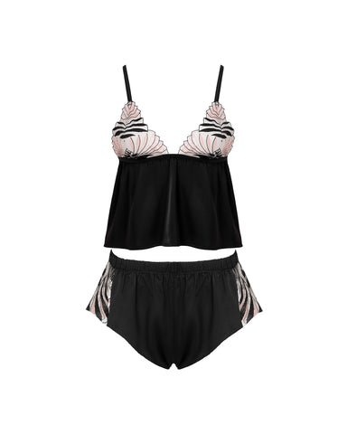 Ensemble Caraco et Short Katerine en Satin Luxueux Noir/ Perle/Transparent