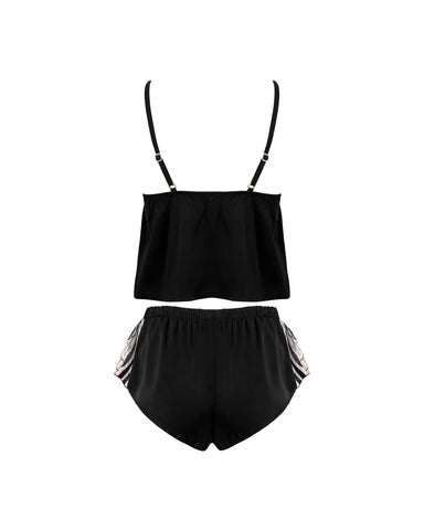 Ensemble Caraco et Short Katerine en Satin Luxueux Noir/ Perle/Transparent