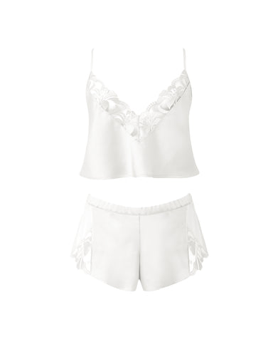 Leonora Luxus-Satin-Cami- und Short-Set in Weiß/Transparent