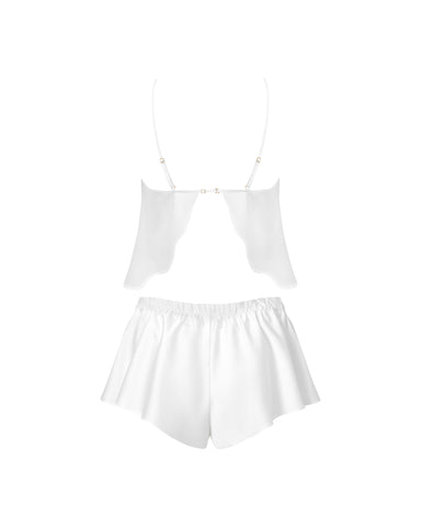 Leonora Luxus-Satin-Cami- und Short-Set in Weiß/Transparent