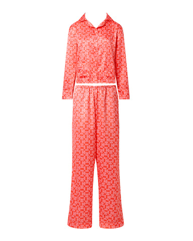 Pyjama Long en Satin Luxueux Tabitha Corail chaud/Rose vif