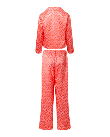 Pyjama Long en Satin Luxueux Tabitha Corail chaud/Rose vif