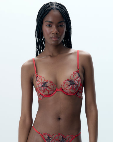 Asha Sheer Floral Bra Red