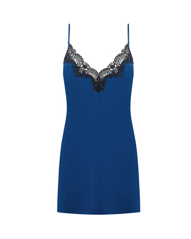 Nuisette Courte en Satin Luxueux Ida Bleu Marine Pivoine/Noir