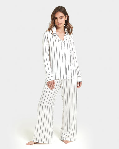 Beau Luxury Satin Long Pyjama Set White/Black